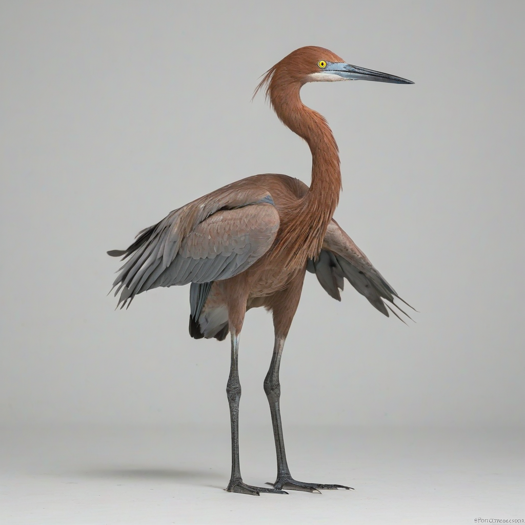 Reddish egret, only one egret in image, wide angle shot, full body visible, on a plain white background, even lighting