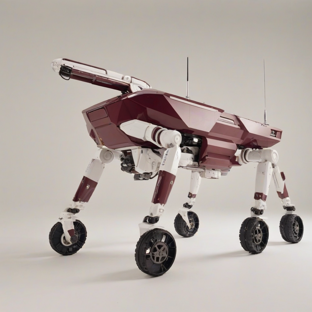 A low poly, burgundy, robotic rover, with a futuristic design, standing on a plain white background, in a wide shot with its wheels and robotic arms fully visible, under a soft, warm lighting with a slight gradient effect, on a plain white background, even lighting 