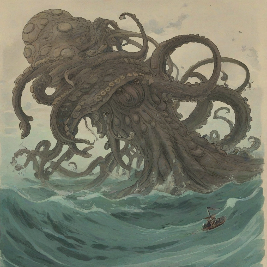 Ghibli-style of a kraken
