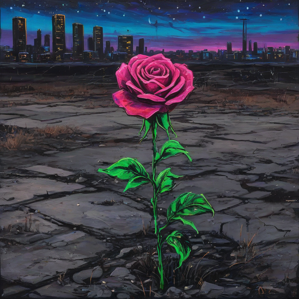 A neon-colored painting of a single rose in a desolate, post-apocalyptic wasteland, with visible brushstrokes and a sloppy, expressive style reminiscent of Starry Night, as seen in a vibrant, electric hue reminiscent of a cityscape at dusk.