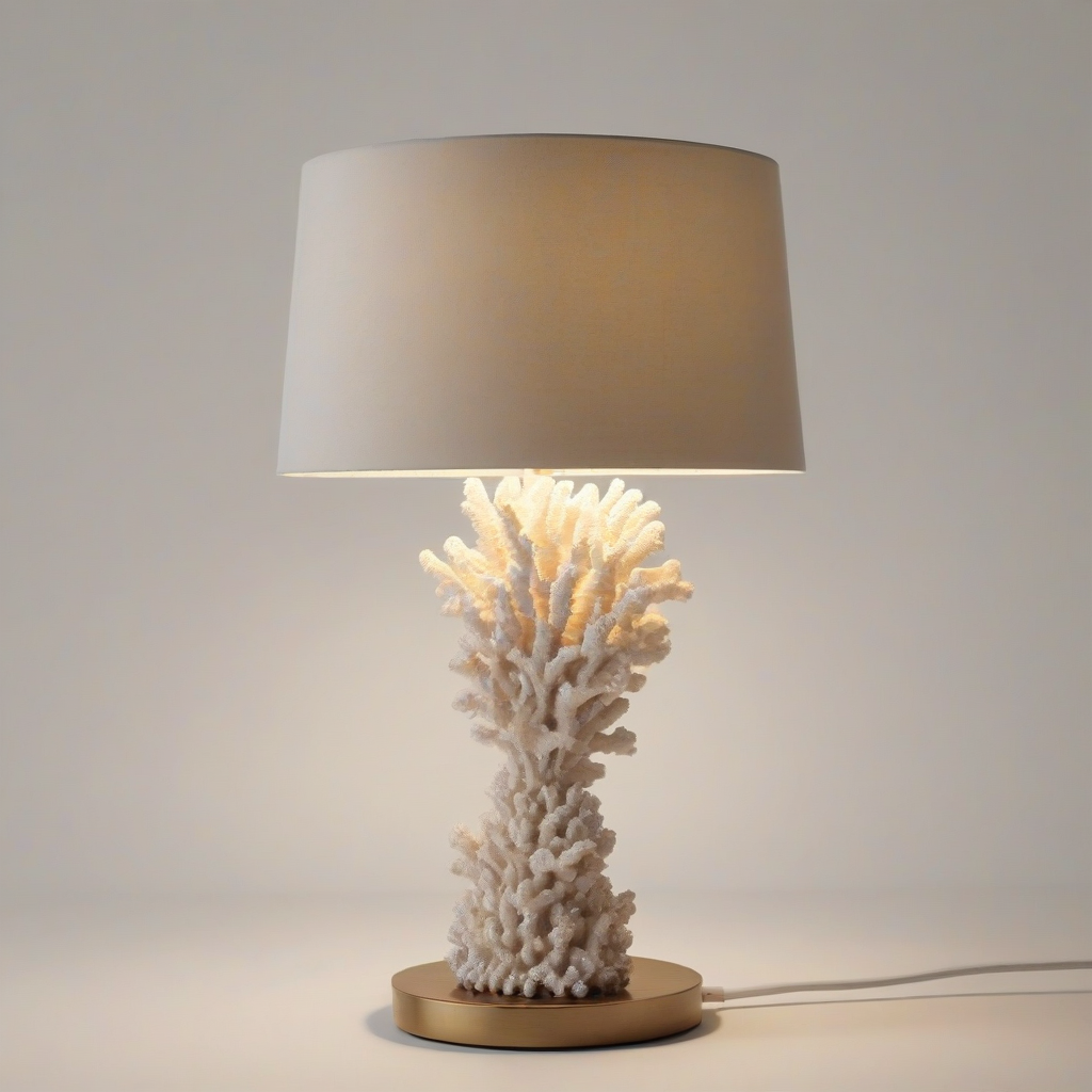 A table lamp made of coral, with a wide base and a rounded shade, sitting on a plain white background, full-body view, with the lamp's cord and switch visible, in a warm and cozy lighting, with a soft focus effect, in the style of a digital illustration, on a plain white background, even lighting 
