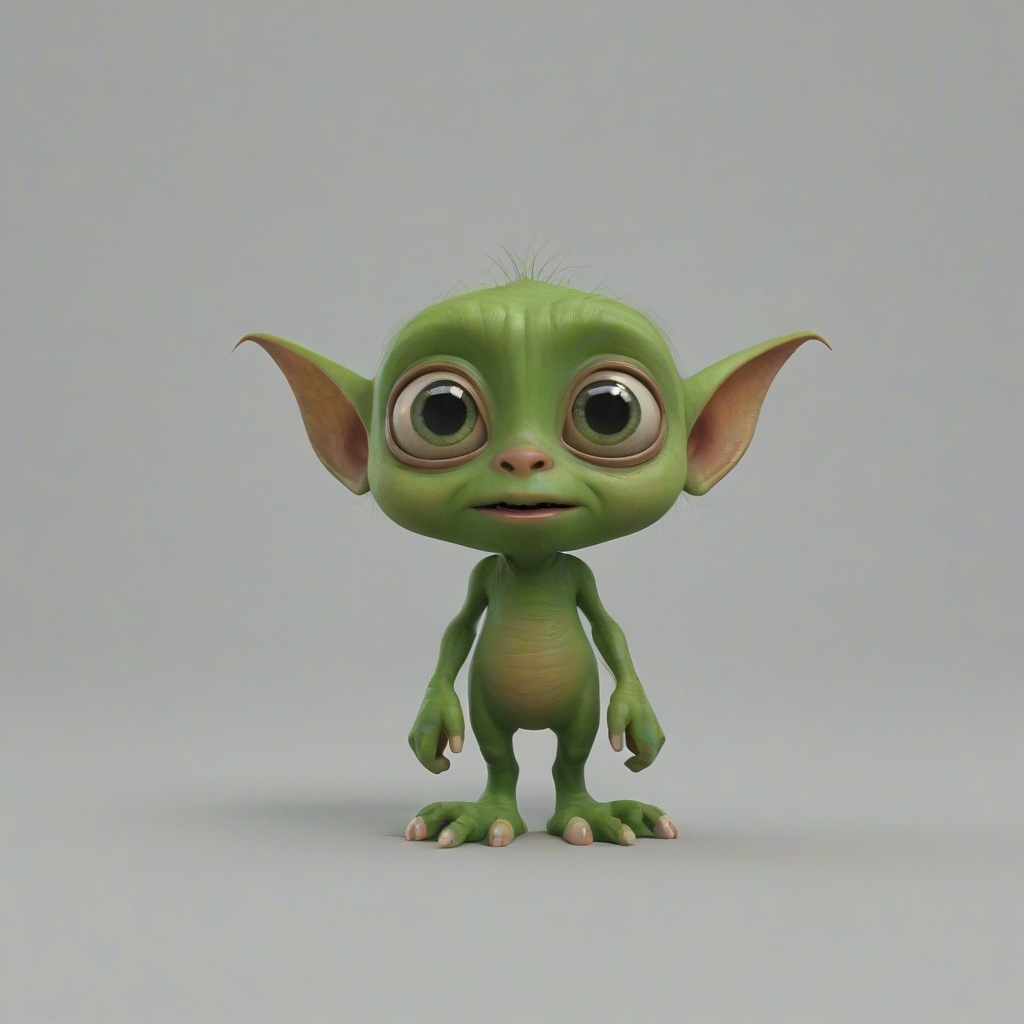 3d cartoon animation, cute baby goblin, big eyes, rounded features, short body, tiny nose, tiny feet, vivid colors, wide angle shot, feet visible,, on a plain white background, even lighting