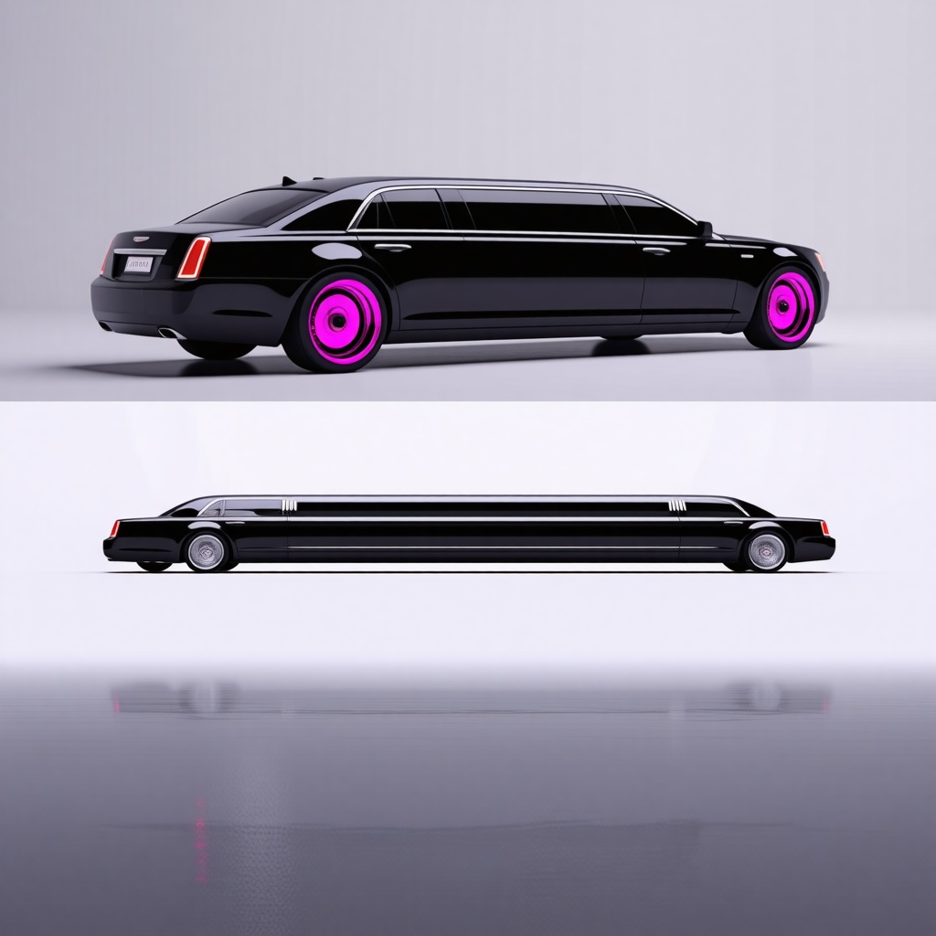black stretch limousine car with hot pink wheel rims