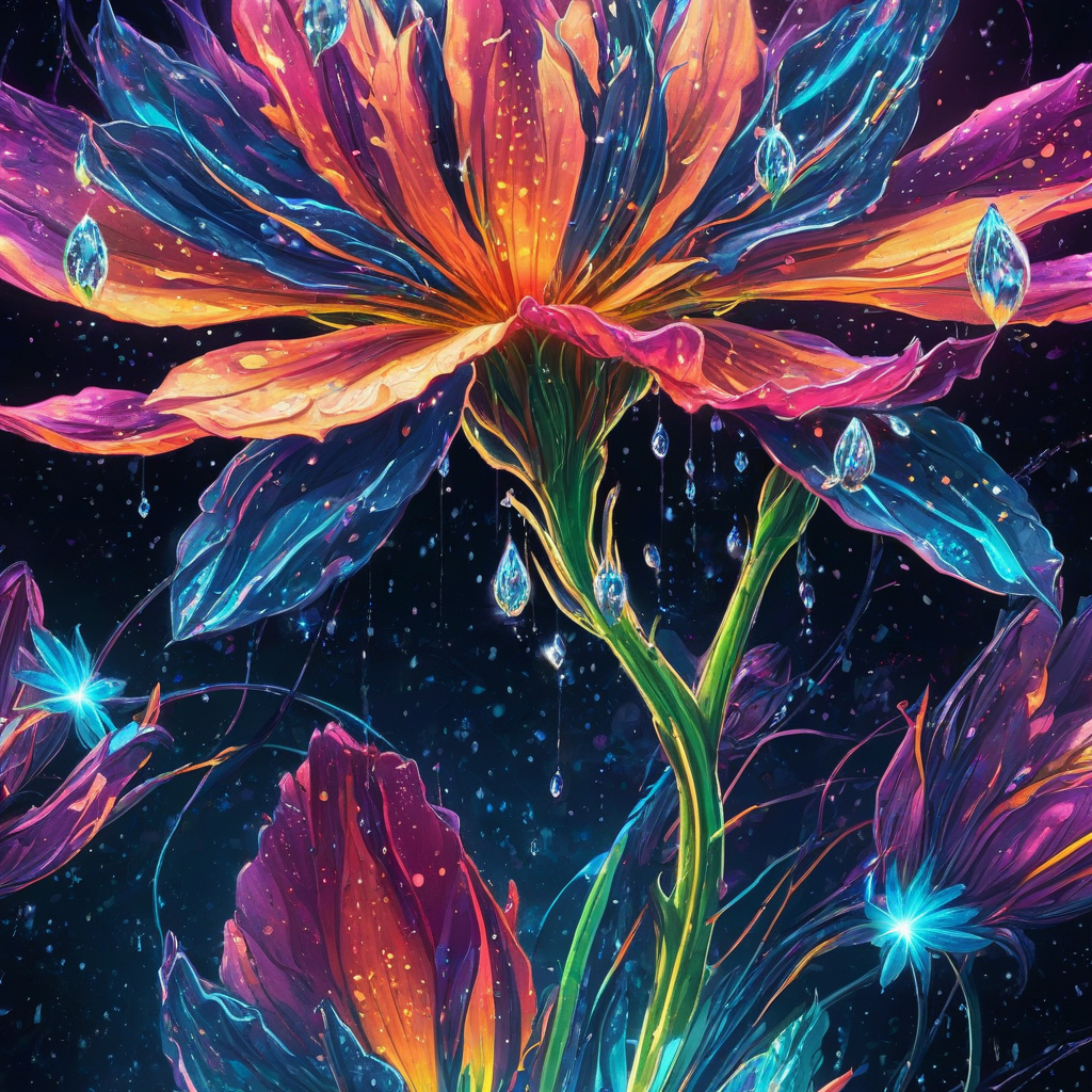 Anime sci-fi flower in space, cosmic petals with dew drops refracting neon light