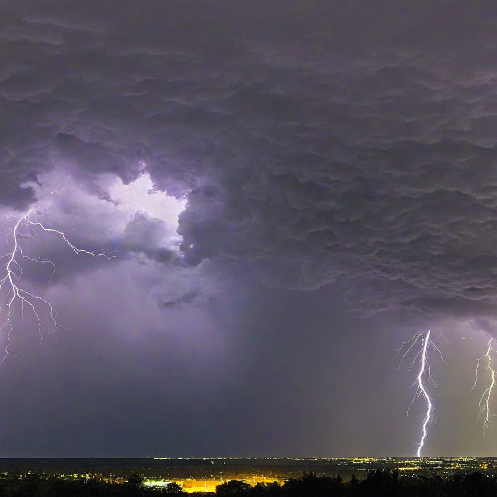 Beautiful photograph of of a yellow sky with purple, black, blue, and green thunder clouds with bright flashes visible within the storm to show lightning
