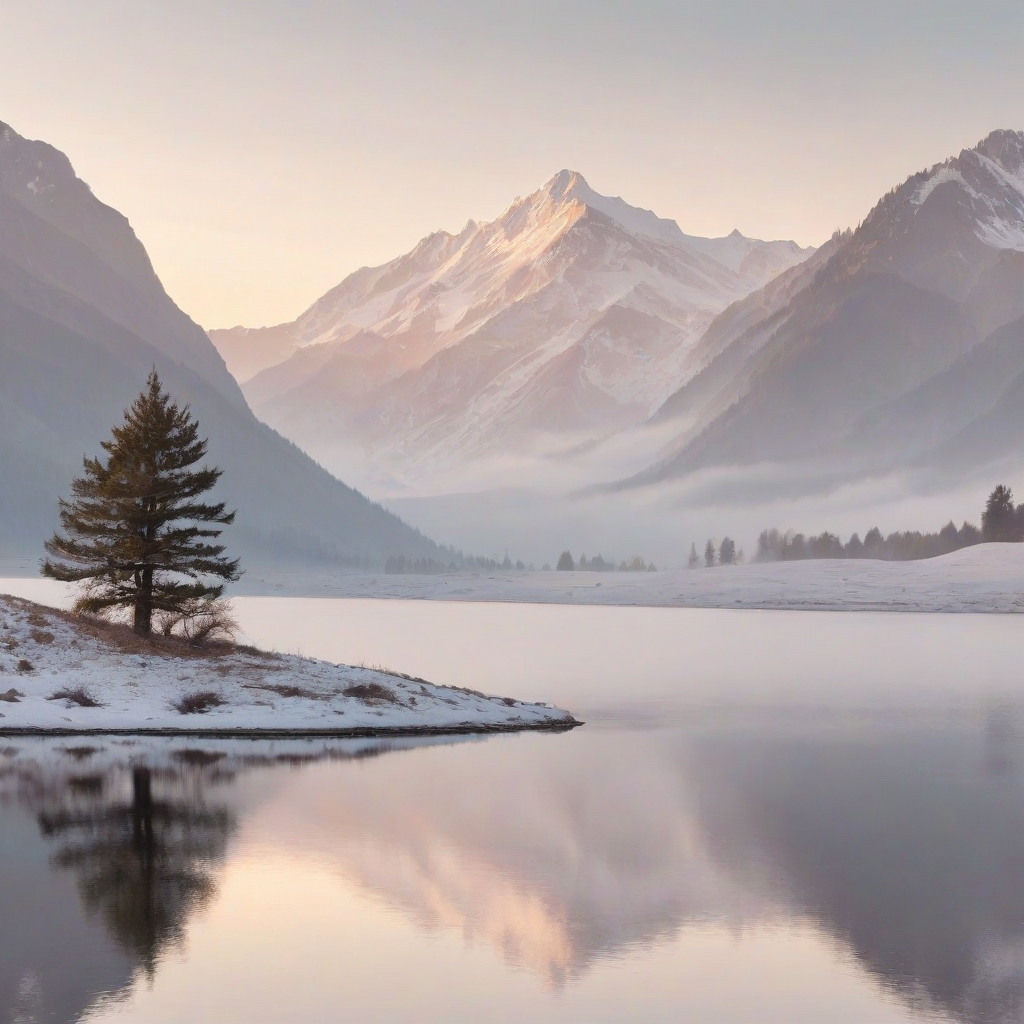 a serene and peaceful mountain landscape at sunrise, with a wide shot of the snow-capped mountains, a lake in the foreground, and a few trees scattered around, all set against a plain white background, with a warm and soft lighting, and a subtle mist effect to enhance the atmosphere, in the style of a digital painting