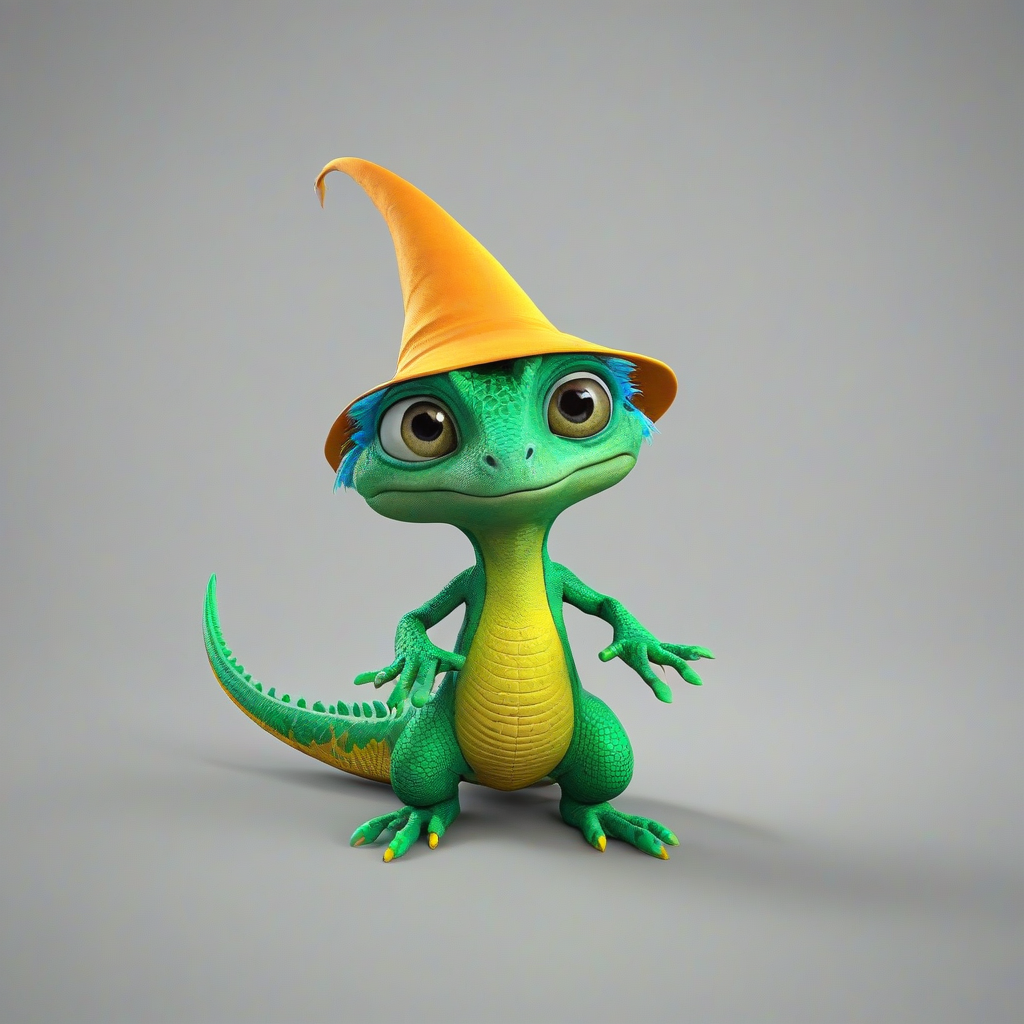 3d cartoon animation, baby green sorcerer lizard, wearing a sorcerer's hat, white beard, short body, rounded features, big eyes, vivid colors,, on a plain white background, even lighting