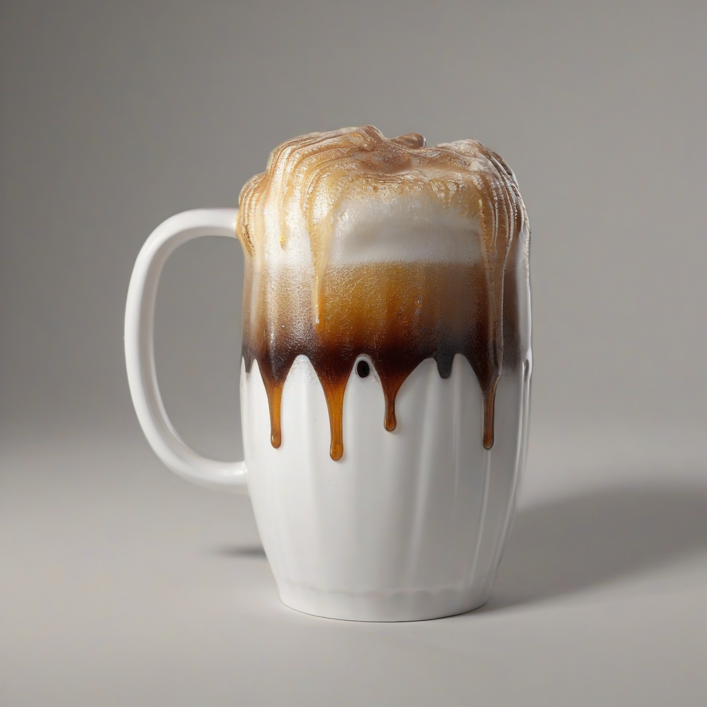 A mug of root beer with the foam coming up the top, in a wide shot, on a plain white background, with a close-up view of the foamy head, and a warm, golden lighting effect, in a photorealistic style, with the mug's material and shape visible but see-through, as if the mug is made of a translucent material, allowing the dark root beer to be visible through it