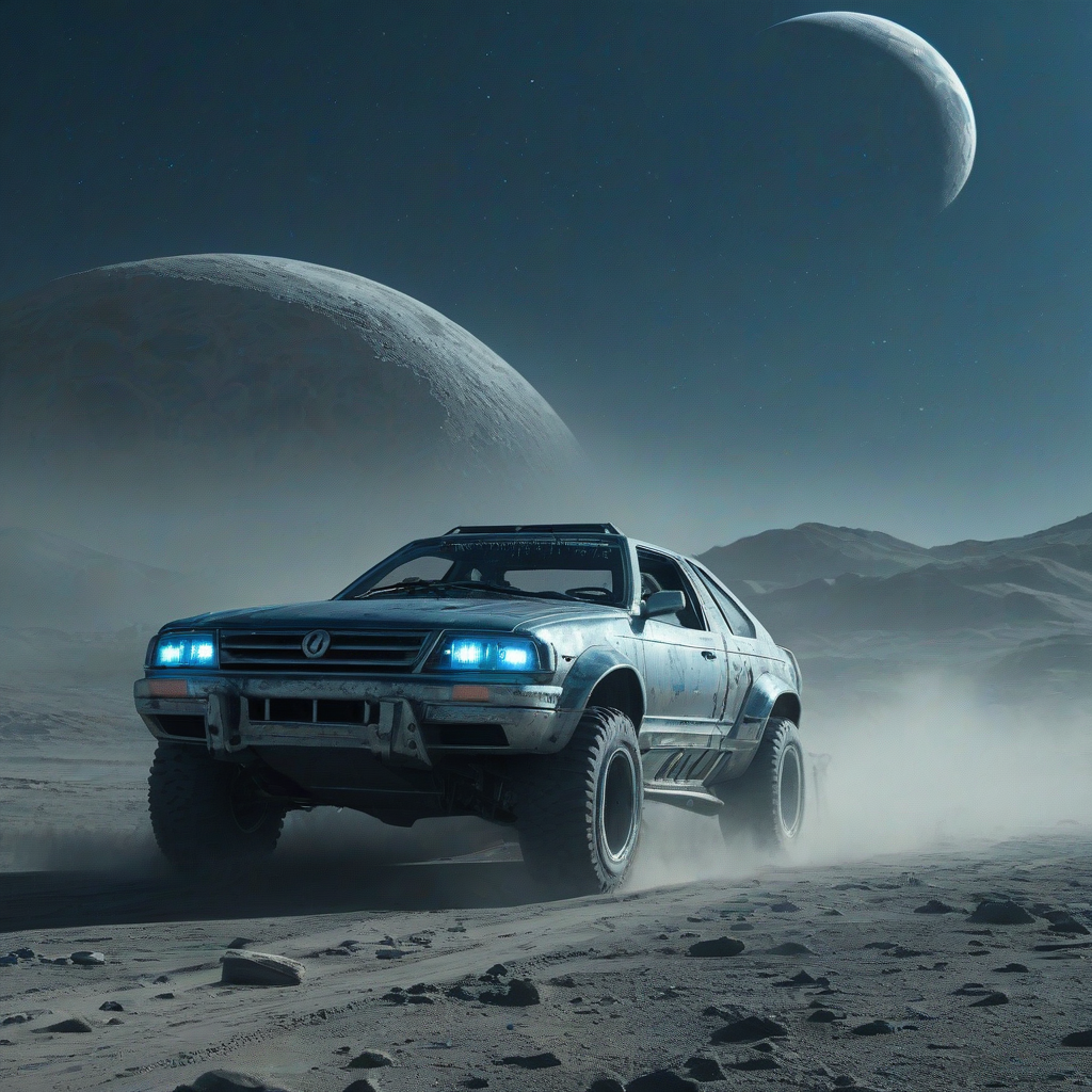 Cyberpunk silver car with blue headlights, sliding sideways on moon's surface, kicking up dust, Earth visible beyond atmosphere