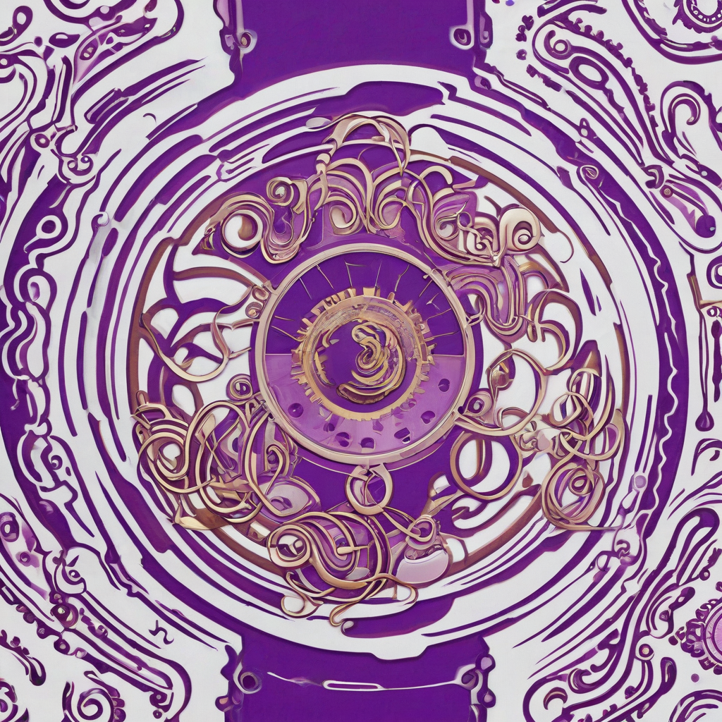 A futuristic biopunk themed flag with a predominantly violet color scheme, featuring intricate, swirling patterns of metallic and organic elements, set against a plain white background, in a wide shot with the flag fully visible, in the style of a highly detailed digital illustration