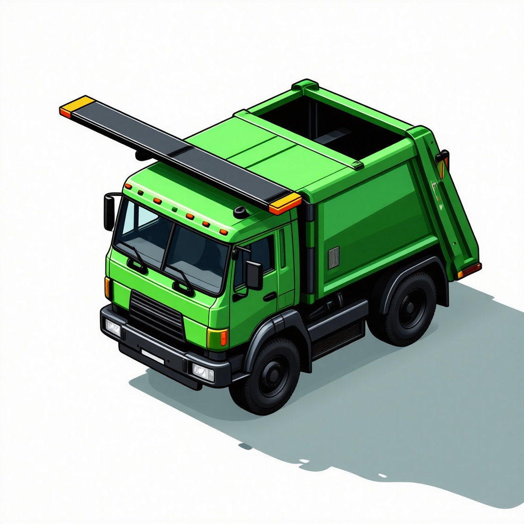 A green trash truck with airplane wings and an open top, in a wide shot with the entire vehicle visible, on a plain white background, with a cartoonish and futuristic illustration style, and dynamic shadows