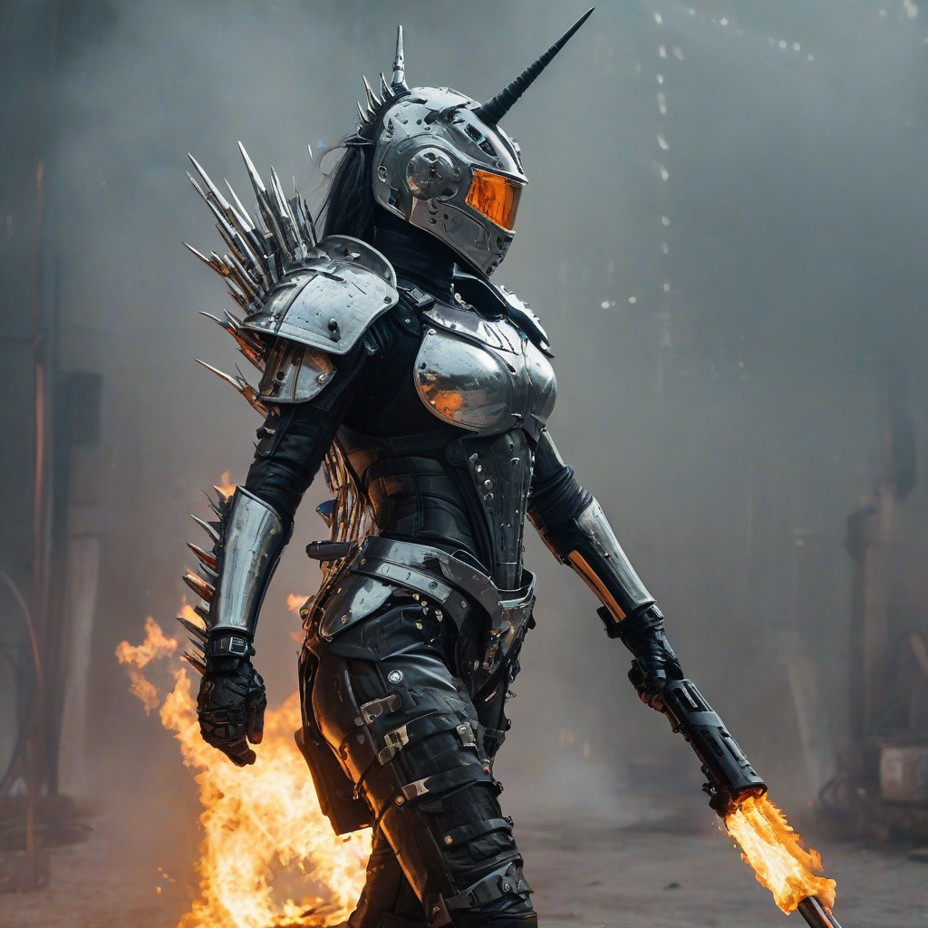 A surreal side view photograph portrait of a figure on the far left side in cyberpunk-style armor holding a flamethrower far out in front of her with flames torching towards the far right side of the screen. The armor is metallic silver with sharp spikes and crystalline details, featuring a unicorn horn protruding from the helmet. The helmet has a spiky crown design with a few points. The figure has long dark black and crimson red streaked hair. The body armor includes detailed skull motifs on the shoulders. The background lighting creates a soft, ethereal glow that highlights the metallic silver surfaces of the armor. The overall color palette consists of crimson red, silver, and pale orange tones. The image has a high-fashion editorial quality with sharp detail work on the armor's crystalline and spiked elements. Isolated against a solid crimson red background.