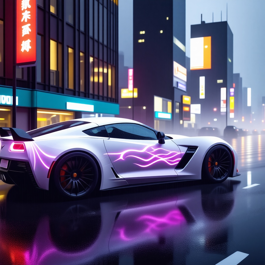 a sleek, futuristic white car with neon purple flames painted on it in an electric orange color, set against a dark, neon-lit cityscape at night