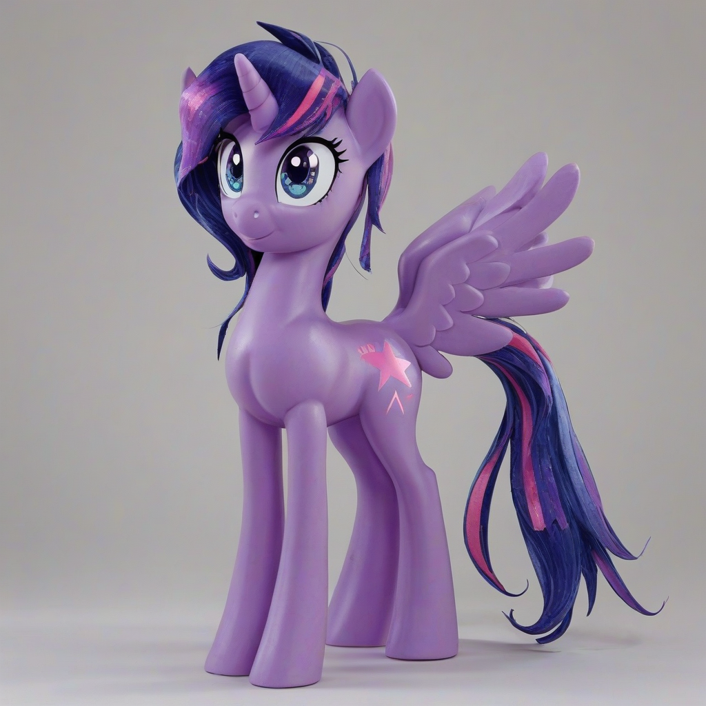 A detailed, full-body view of My Little Pony Twilight Sparkle, with a purple and pink mane, sparkling blue eyes, and a cutie mark of a six-pointed star, standing on a plain white background, in a wide shot with her feet visible, with a magical glow surrounding her, in an anime-style illustration with vibrant colors and dynamic shadows, on a plain white background, even lighting 