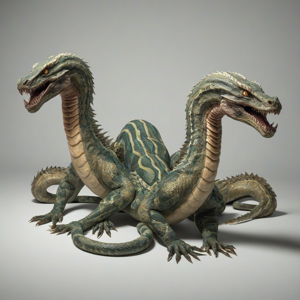 A hydra monster with three serpent-like heads and one large, scaly body, full-body view, wide shot, feet visible, on a plain white background, digital art style, high detail, dynamic lighting, vibrant colors, on a plain white background, even lighting 