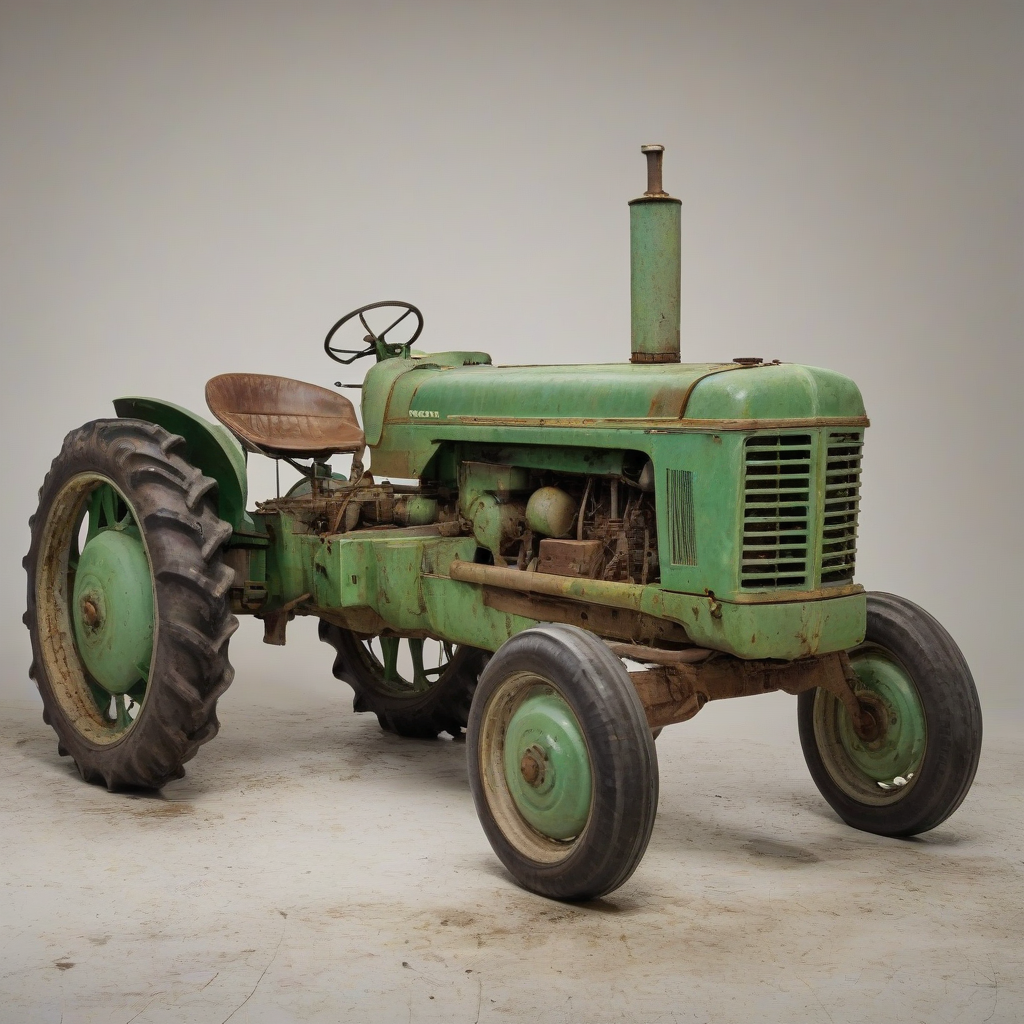 A vintage green farm tractor, full-body view, on a plain white background, with a rustic, weathered appearance, and a soft, warm lighting, in the style of a classic oil painting, on a plain white background, even lighting 