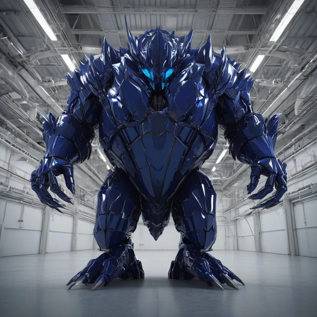 A large, full-body view of a Sapphire monster, with scales that shimmer in a dark blue color, set against a plain white background, in an industrial setting with metallic machinery and pipes in the background, with a wide-angle shot and dramatic lighting, in a digital art style with bold lines and vibrant colors, on a plain white background, even lighting 