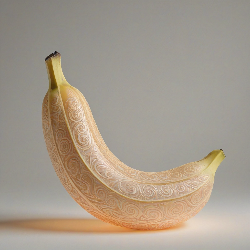 A magical artifact, a glowing banana with intricate, swirling patterns etched into its surface, set against a plain white background, in a wide shot with the entire peach visible, with a soft, warm light and a sense of mysticism, in an industrial style with metallic accents and a sense of futurism, digital art, on a plain white background, even lighting