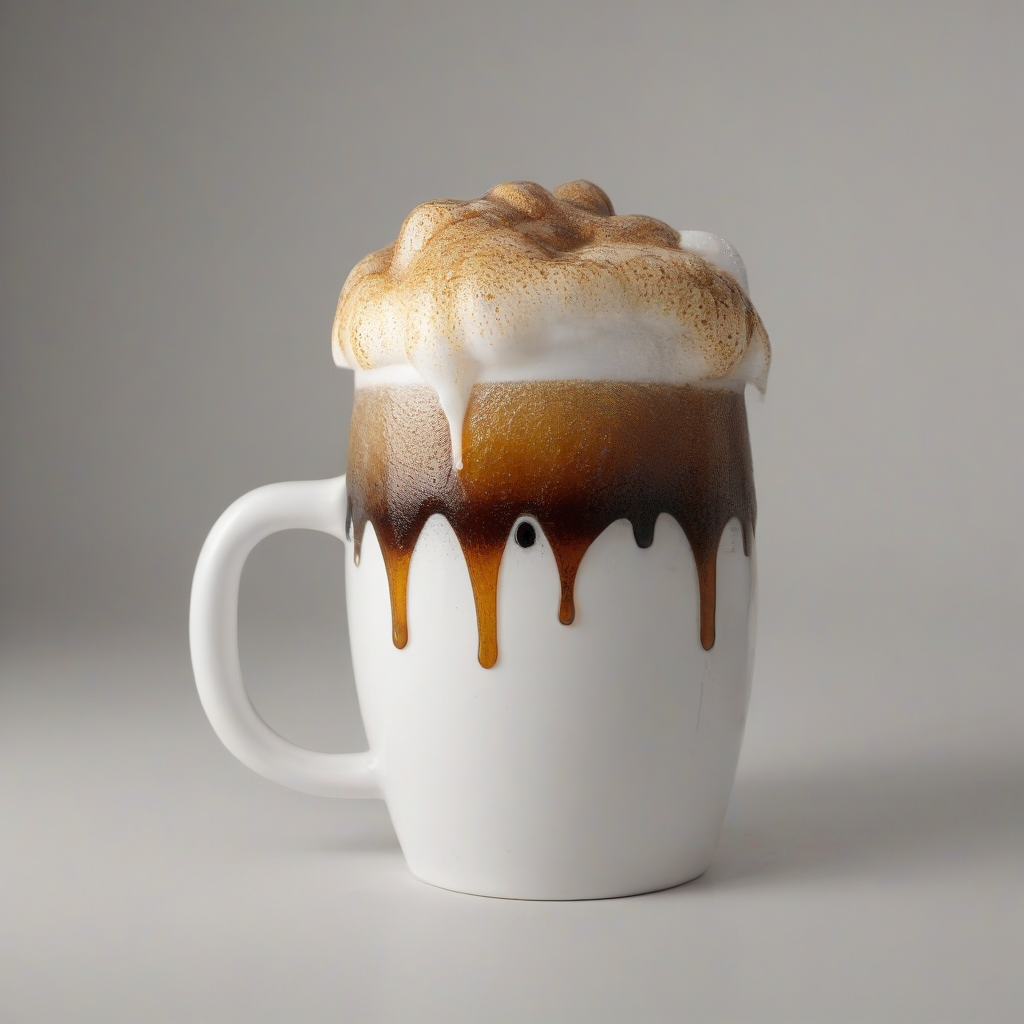 A mug of root beer with the foam coming up the top, in a wide shot, on a plain white background, with a close-up view of the foamy head, and a warm, golden lighting effect, in a photorealistic style, on a plain white background, even lighting 