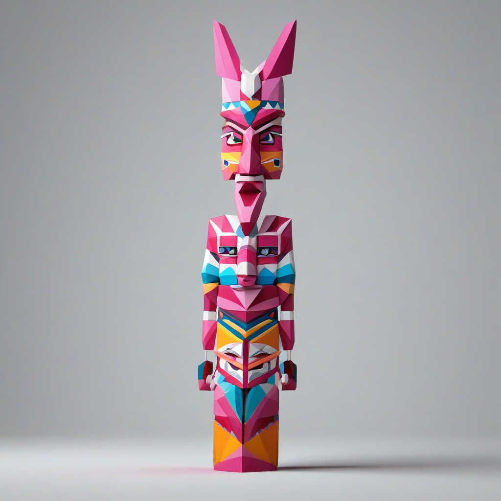 A low poly, pink totem pole, full-body view, on a plain white background, with a wide shot, vibrant colors, and dynamic shadows, in the style of digital illustration, with a focus on geometric shapes and bold lines, on a plain white background, even lighting