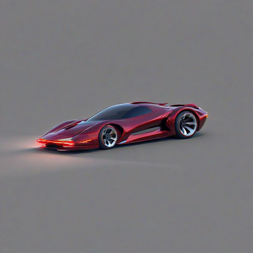 A sleek, ruby-red, futuristic sports car with gull-wing doors, metallic finish, and neon lights, in a wide shot, full-body view, with visible wheels and a plain white background, in a digital art style with vibrant colors and dynamic shadows, inspired by sci-fi concepts, on a plain white background, even lighting