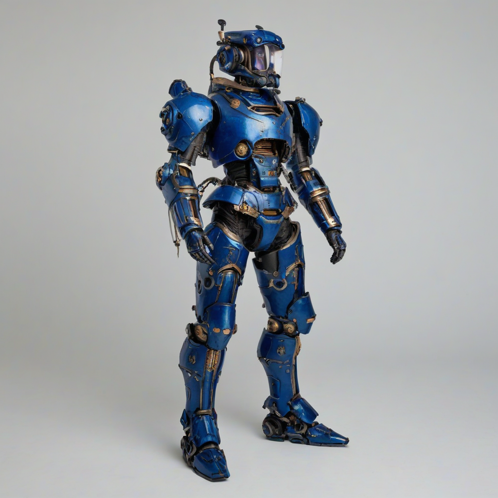 Indigo Victorian mech suit, full-body view, on a plain white background