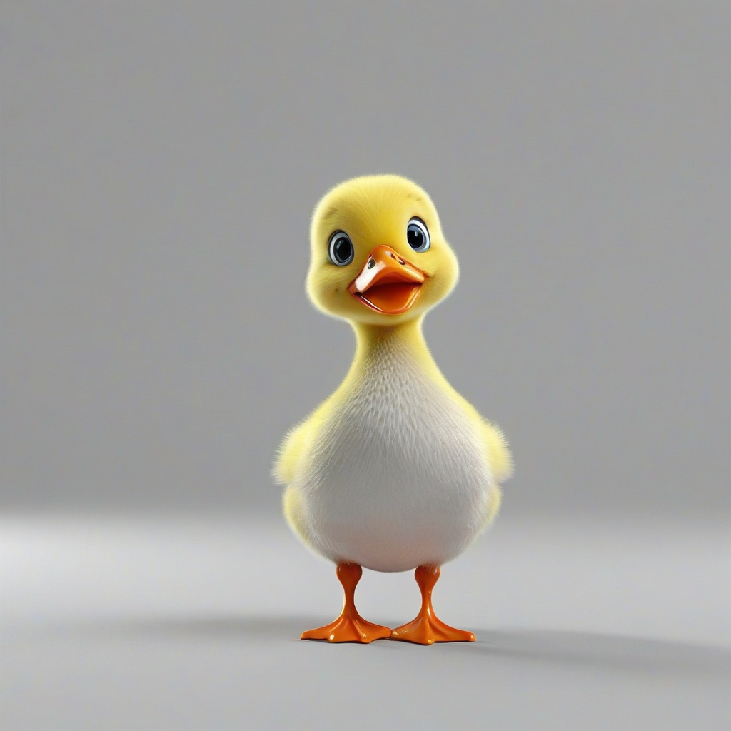 3D cartoon animation of a baby duck hybrid, bright and vivid colors, large eyes, short body, round features, tiny nose, tiny feet, cute, happy expression on its face, single animal on a plain white background, even lighting, on a plain white background, even lighting