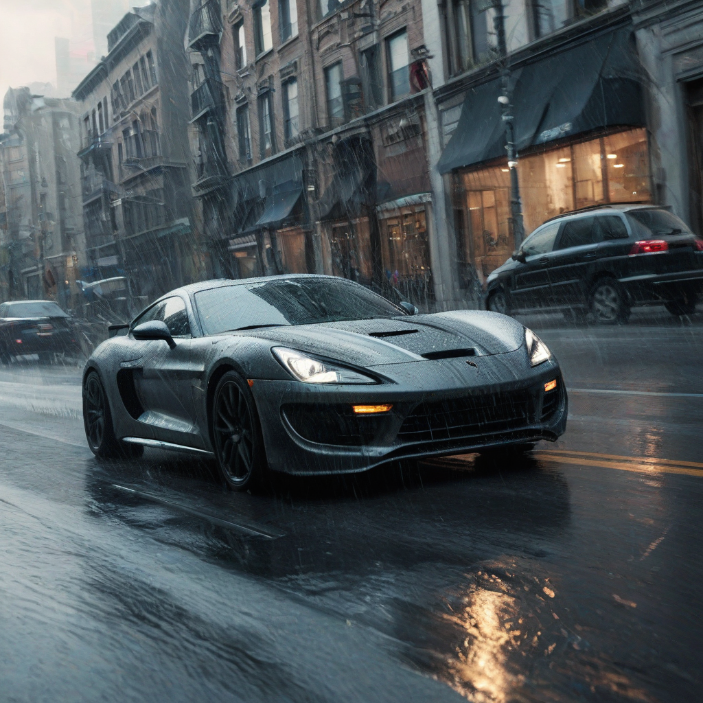 A lone super cool sports car with airbrushed scenes on it, zooming through the city, raining, there is water being kicked up by the tires as the car skids down the street, Dramatic lighting with slight beams of light from small breaks in the clouds