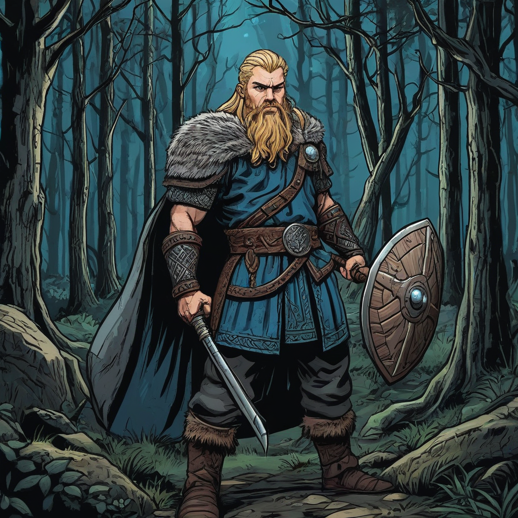 A 2d cartoon animation style drawing of a Viking wearing traditional viking clothes and holding a mace, bright blonde hair, blonde beard, blue eyes, he is standing in the center of a cartoon drawn forest, he looks intimidating, fierce mood, dark lighting