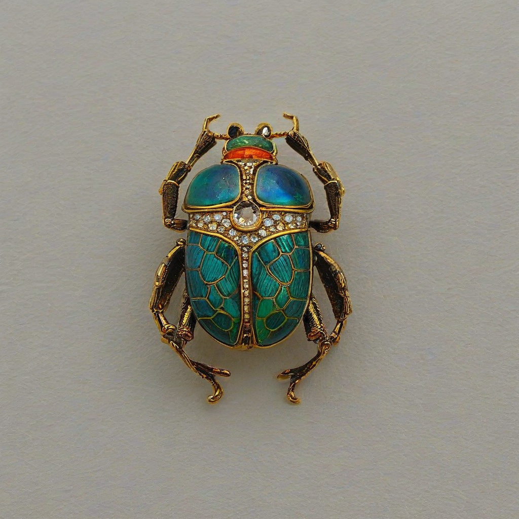 Beautiful, jeweled scarab brooch, on a plain white background, even lighting