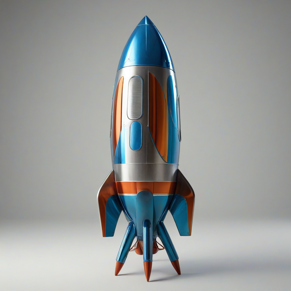A full-body view of a vintage blue steel rocket with a metallic sheen, featuring a circular window, standing upright on a plain white background, with a wide shot to capture the entire rocket from nose to fins, in a digital art style with bold lines and vibrant colors, with dynamic shadows and a sense of depth, and a bright backlight to accentuate the rocket's curves.