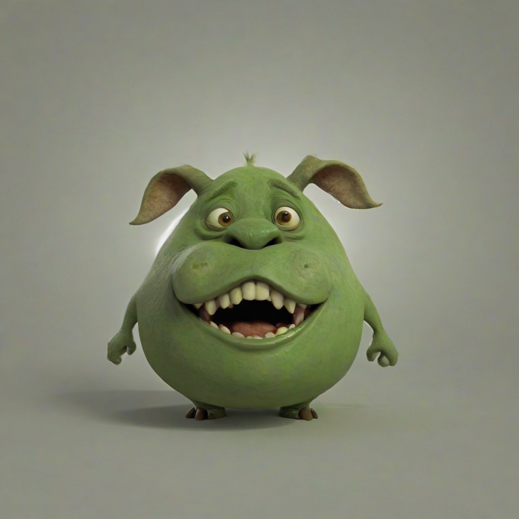 animation style, olive green ogre, with a pig nose, big pointy ears, large fangs, rounded features, kid friendly, on a plain white background, even lighting