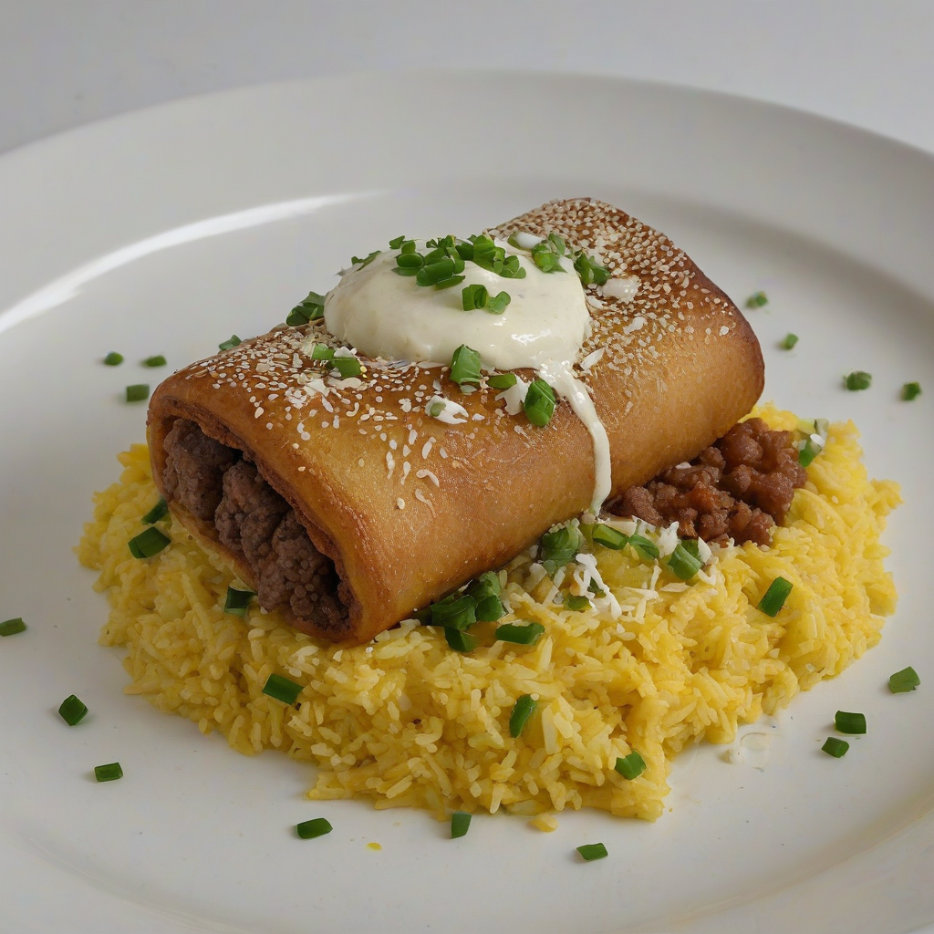 chimichanga on a bed of yellow rice with cheese sauce over the top, on a plain white background, even lighting