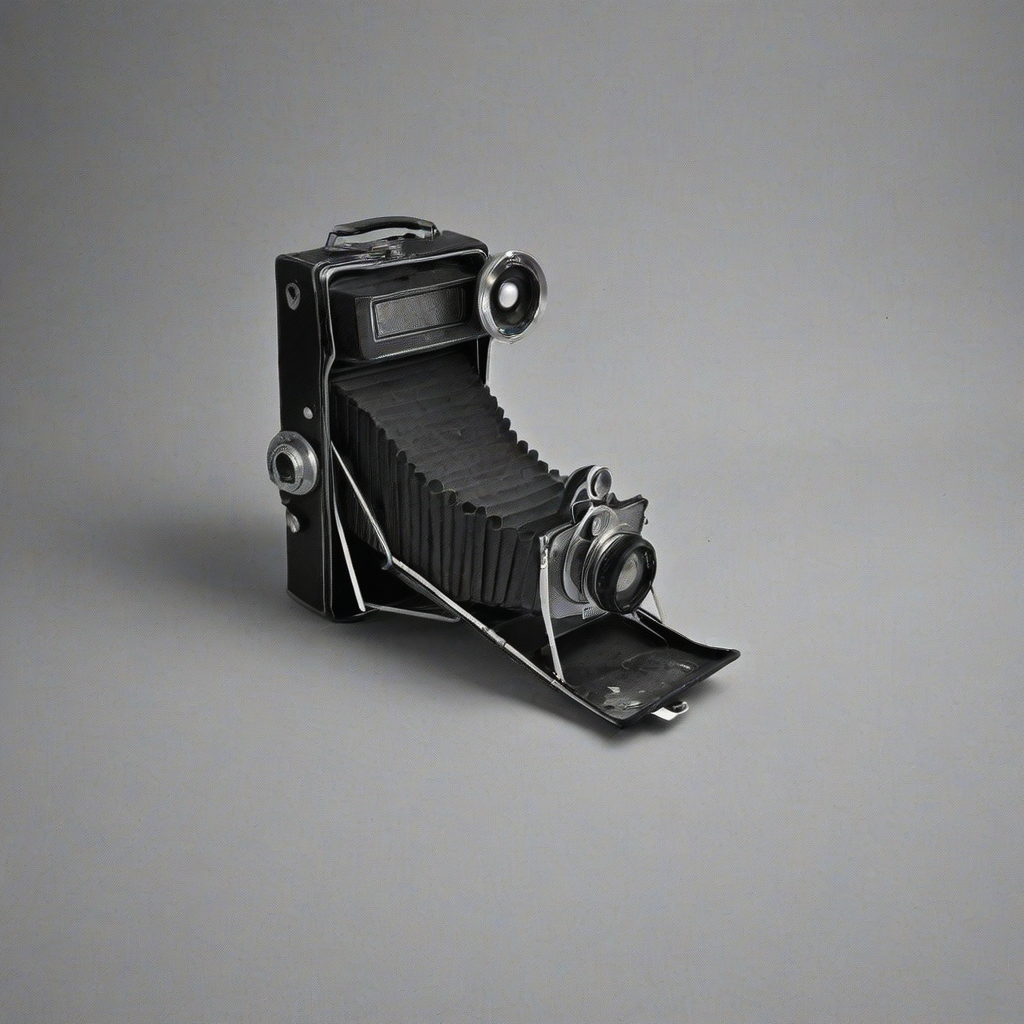 A grainy, high-contrast, black and white photograph of a solitary, old, analog camera, with a wide-angle lens, on a plain white background, in a full-body view, with the camera's viewfinder and lens prominently visible, in a style reminiscent of film noir, with intense, dramatic lighting and deep shadows