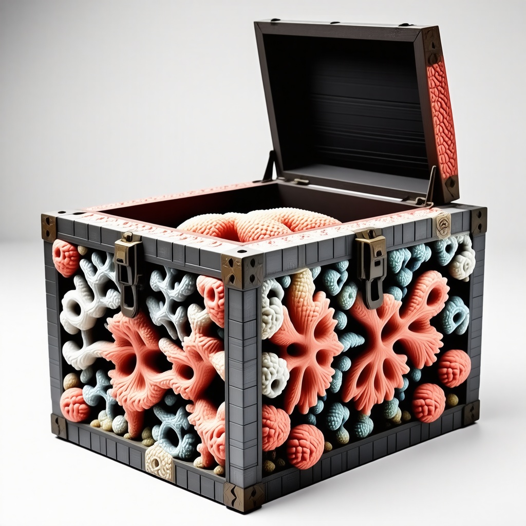 A geometric coral chest, with intricate patterns and shapes, in a wide shot, with the chest's lid open, on a plain white background, with soft, natural light illuminating the chest's details, in a digital art style, with vibrant colors and sharp lines, full-body view of the chest, with its base and lid fully visible, and the coral patterns covering the entire surface