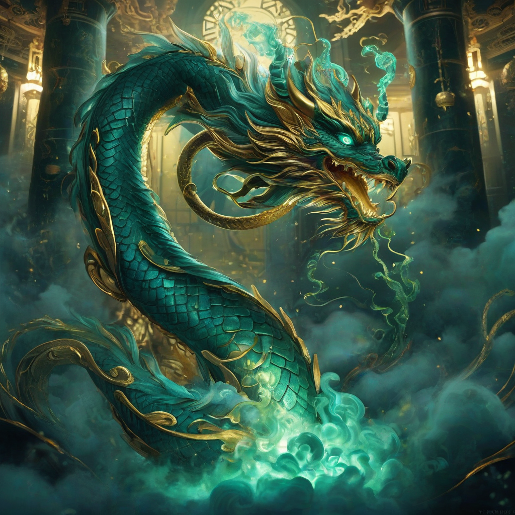 a dimly lit scene of a teal and gold anime Chinese dragon entwined in jade pillars with magic puffs of smoke and shiny gold accents, the dragon's teal fur glowing softly in the dim light, with intricate details in the jade pillars