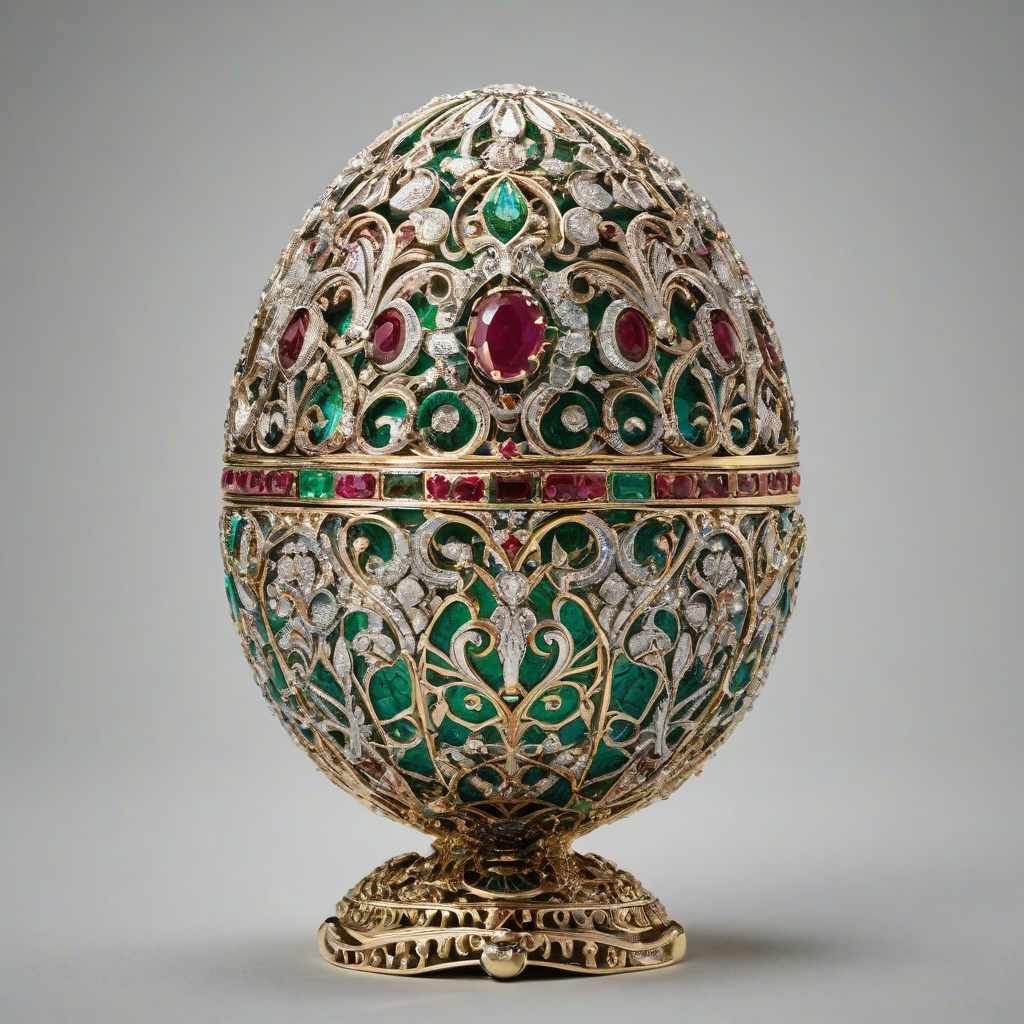 A highly detailed, ornate Fabergé egg, full-body view, with intricate gold and silver filigree, adorned with precious gems, including diamonds, rubies, and emeralds, on a plain white background, in a wide shot, with soft, warm lighting, and a slight sheen to the egg's surface, in the style of a realistic, high-end jewelry photograph, on a plain white background, even lighting