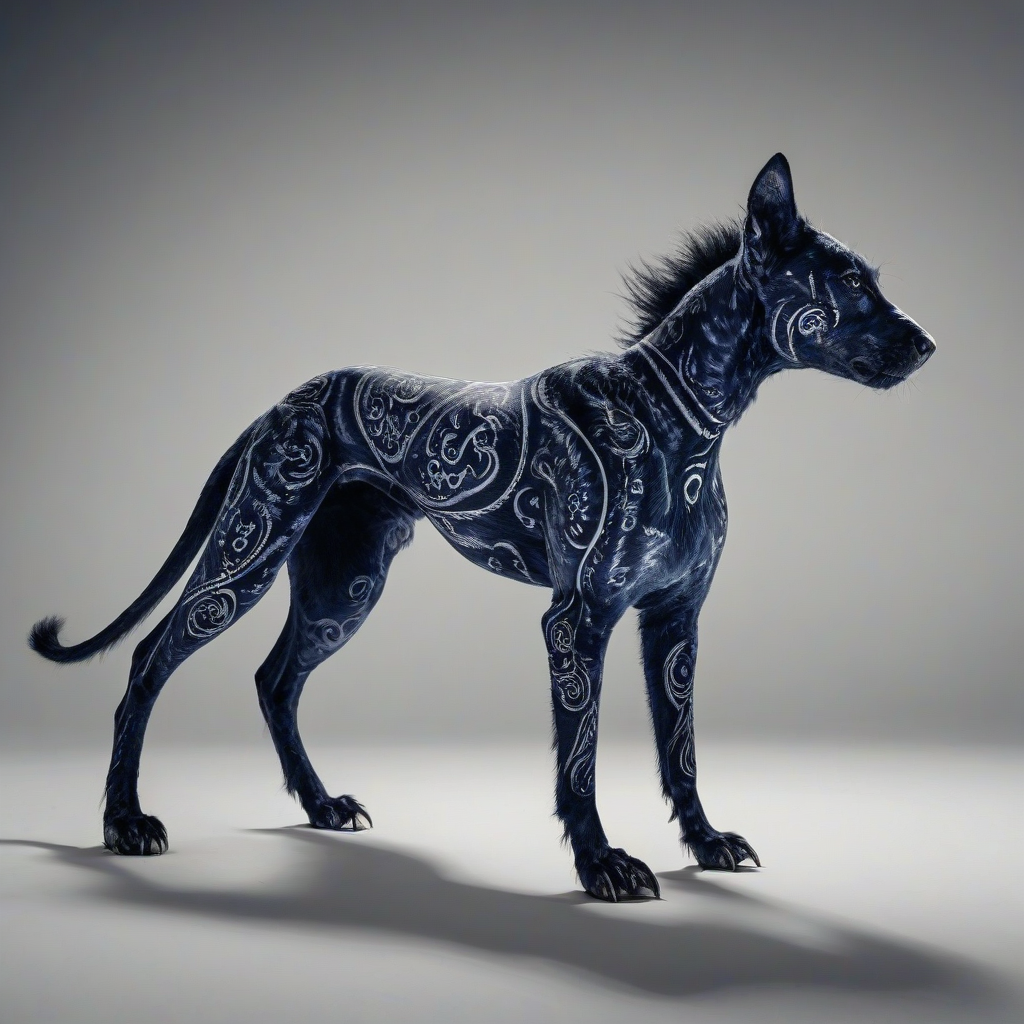 A Navy blue, Gothic styled quadruped with intricate, mystical patterns etched into its fur, standing in a wide shot with its feet visible, on a plain white background, with a dramatic, high-contrast lighting and dynamic shadows, in the style of a dark, expressionist digital illustration