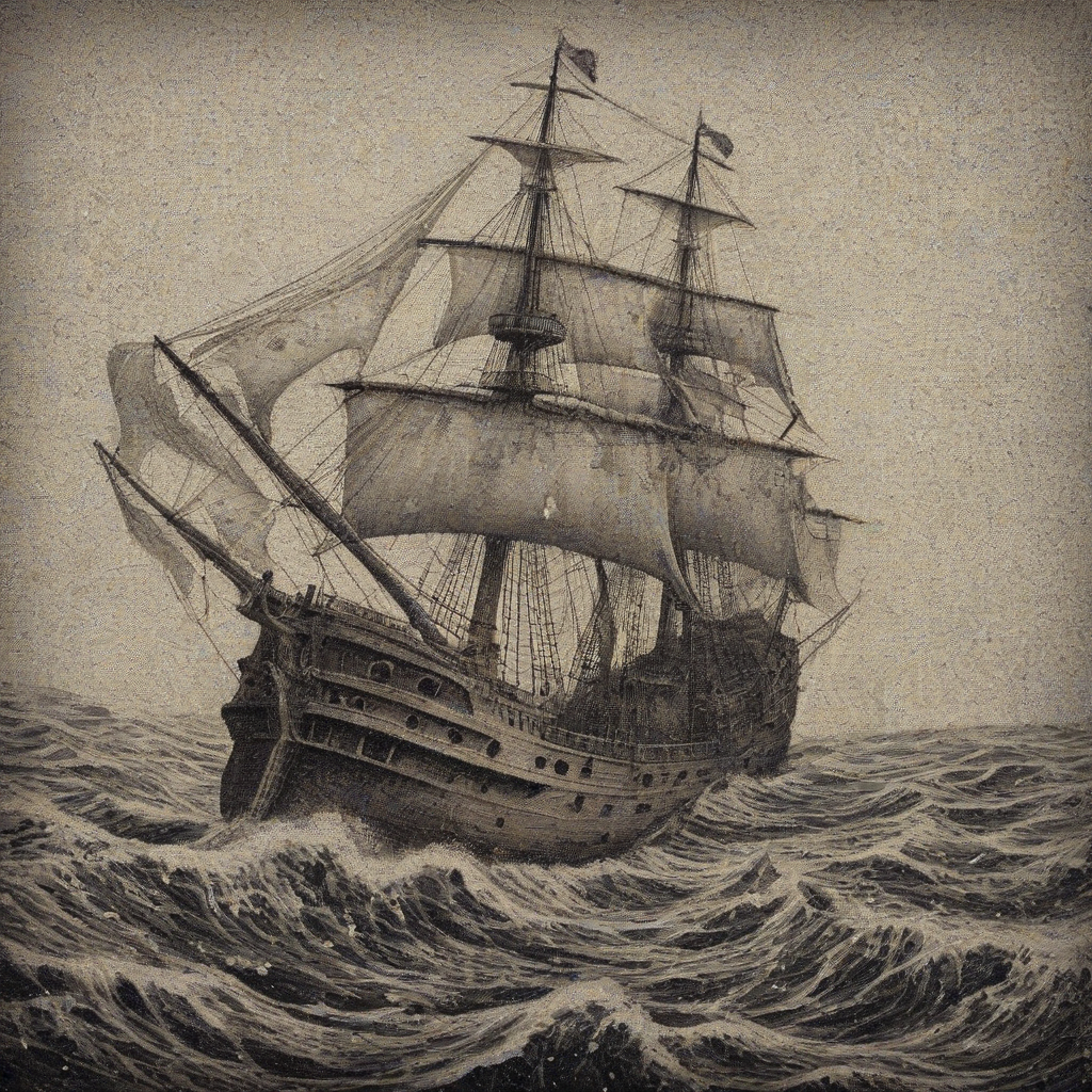 Kraken Pointillism-style taking down a ship