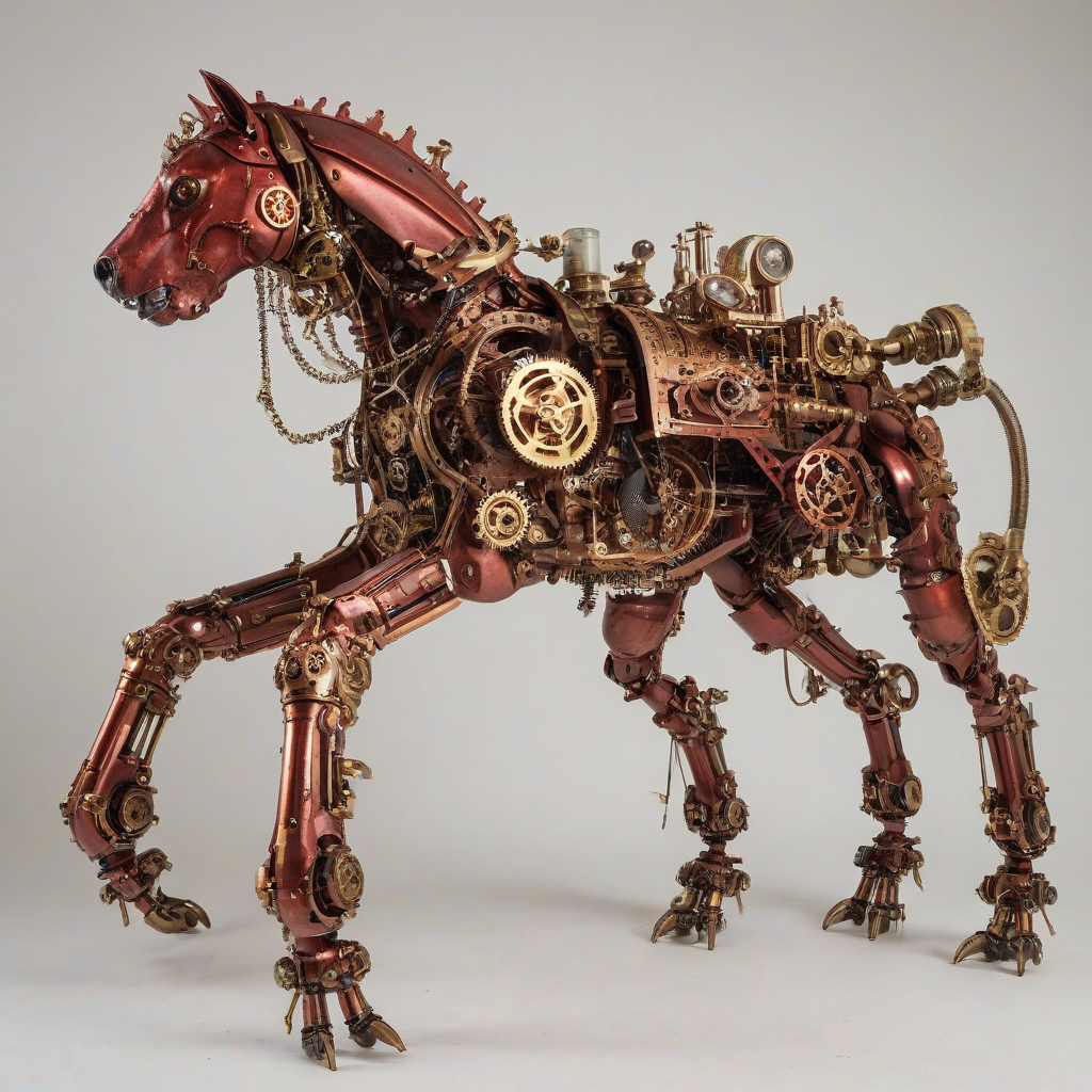 A detailed, full-body view of a quadruped, with a predominantly red, steampunk-inspired mechanical body, featuring intricate brass gears, copper pipes, and a mix of industrial and Victorian-era aesthetics, set against a plain white background, with the quadruped's feet visible, in a wide shot, under soft, warm lighting, with a slight backlight to accentuate its metallic features, on a plain white background, even lighting 