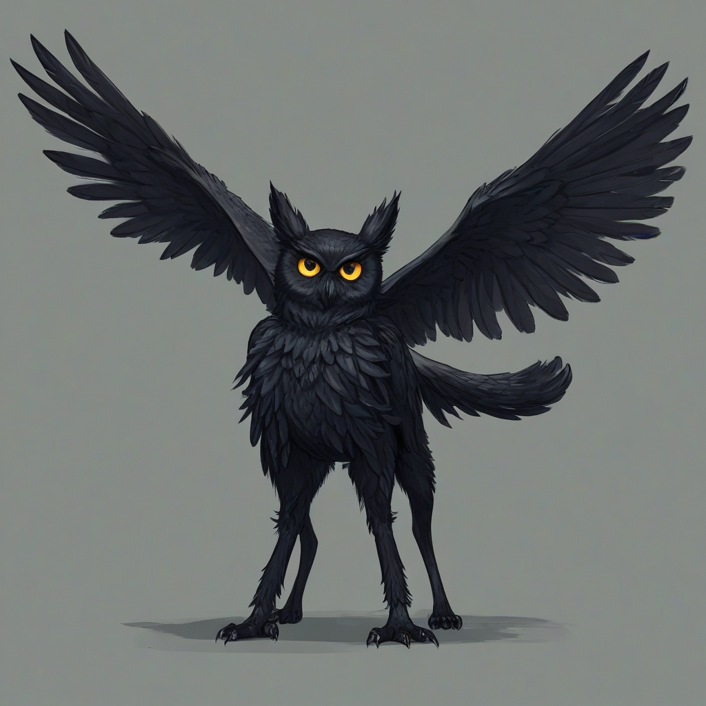 Digital Anime art style black cat and black owl hybrid creature, it has four legs and a tail like a cat, but wings and feathers like an owl