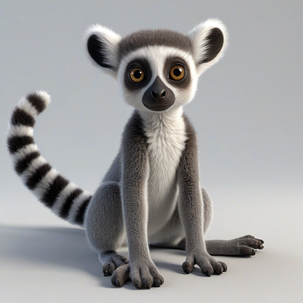 3d cartoon animation, a baby ring tail lemur, bright and vivid colors, large eyes, short body, round features, tiny nose, tiny feet, cute, happy expression on its face, on a plain white background, even lighting