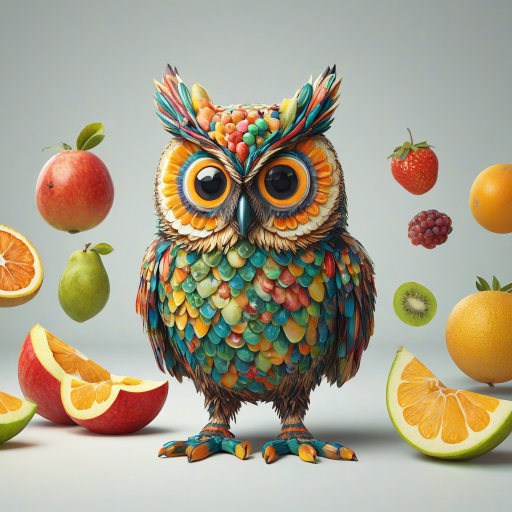 A game asset style illustration of an owl made entirely from different fruits, with bright and vibrant colors, in a full-body view with the owl's feet visible, set against a plain white background, with detailed textures and patterns on the fruits, and a mix of realistic and stylized elements, in a wide shot with the owl as the main focus, on a plain white background, even lighting