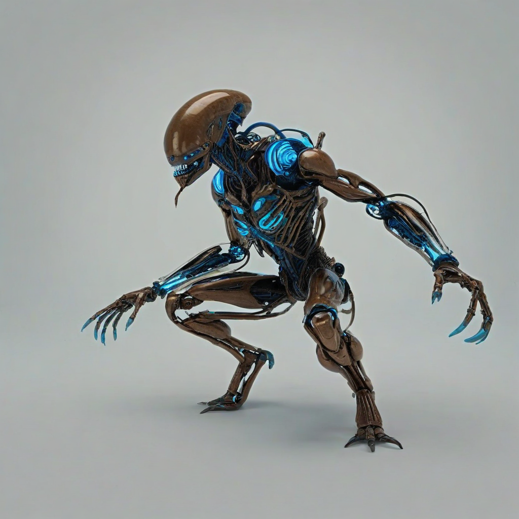 A brown, cyberpunk alien parasite in a full-body view, with a metallic exoskeleton and neon blue accents, set against a plain white background, with a wide-angle shot and dynamic shadows, in a digital art style with a focus on intricate details and textures, on a plain white background, even lighting