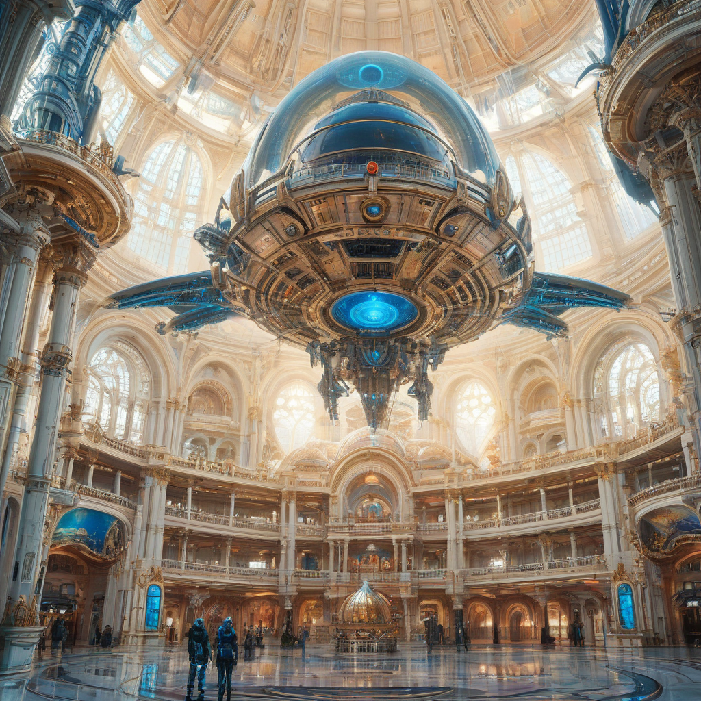 A futuristic, Victorian-style space station with intricate details and ornate architecture, set against a plain white background, with a wide-angle view of the entire station, including its majestic towers and grand domes, with a glowing blue alien queen in the main focus, in a digital art style with vibrant colors and dynamic lighting, full-body view, with the space station's engines and modules visible