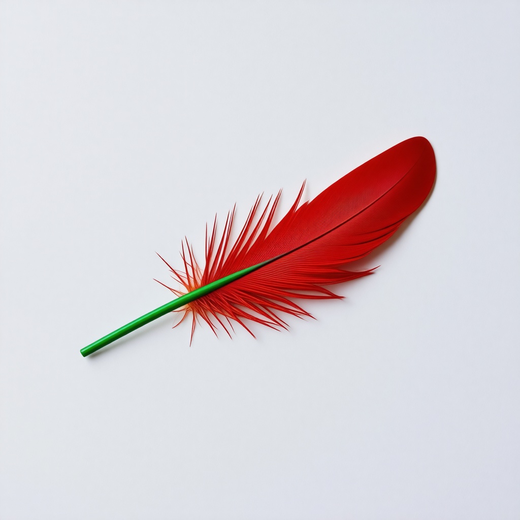 A single red feather with a green tip
