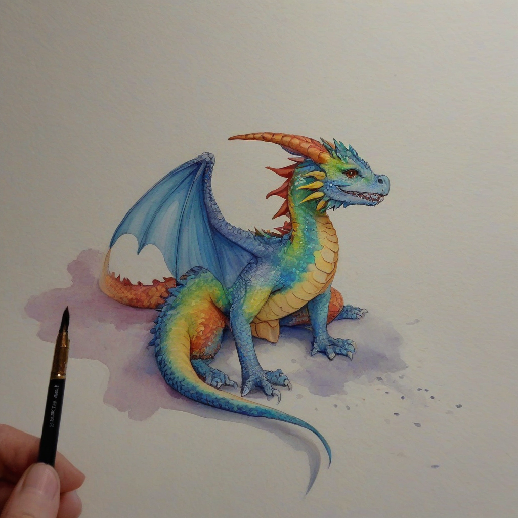Watercolor of a small rainbow dragon sitting