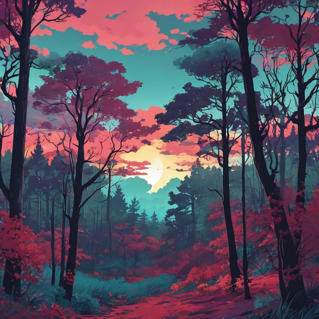 Digital anime art style silhouette of a beautiful forest with dark purple, light teal, and vibrant red trees, with beautiful fluffy white and yellow clouds above, it's an oddly serene scene