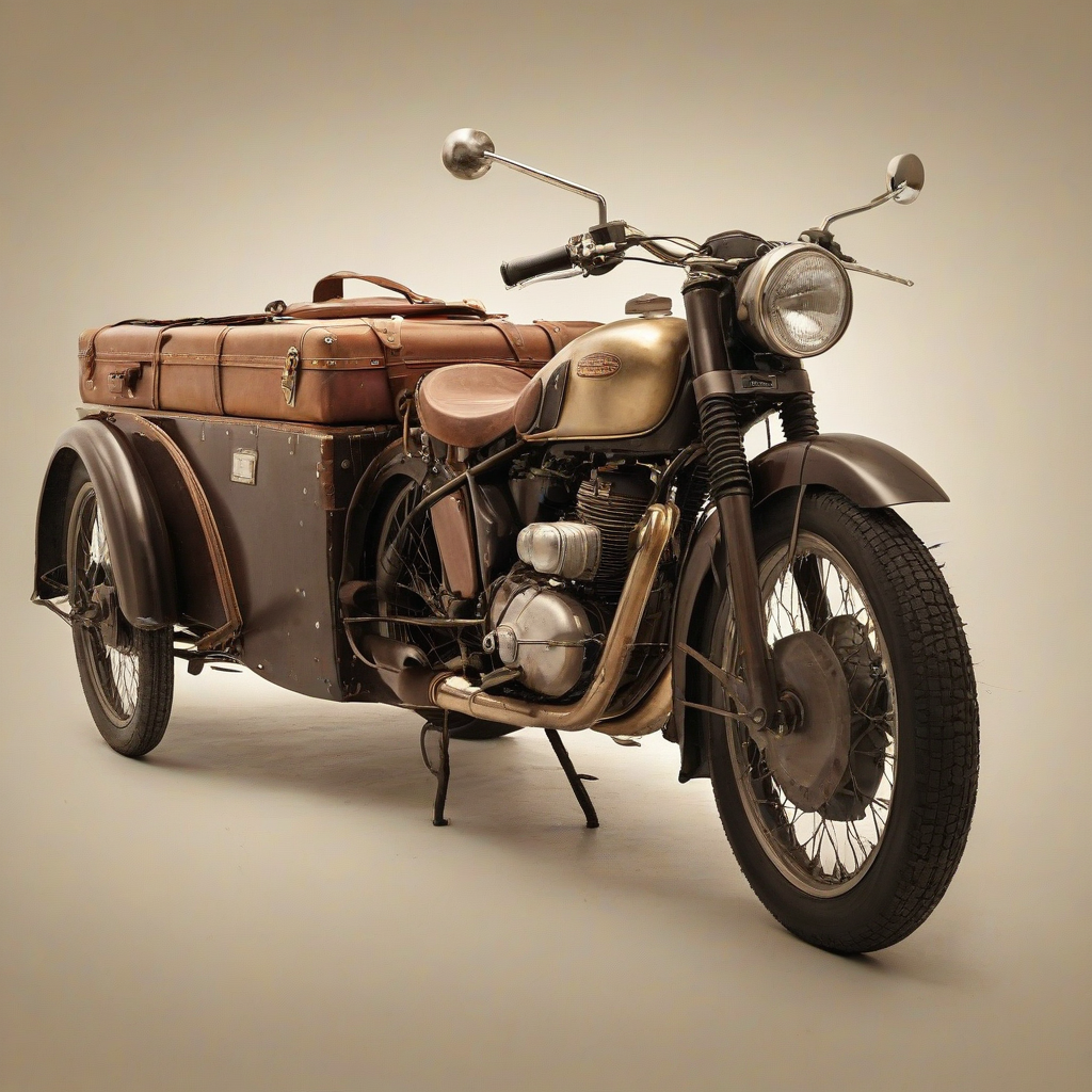 A vintage motorcycle with a sidecar, in a wide shot, with the entire vehicle visible, including the wheels and exhaust pipe, on a plain white background, with a warm, golden lighting, and a slight sepia tone to give it a nostalgic feel, in the style of a classic oil painting, on a plain white background, with the sidecar having a vintage luggage rack on the back and a spare tire on the front, and the motorcycle having a leather saddle and chrome accents, even lighting