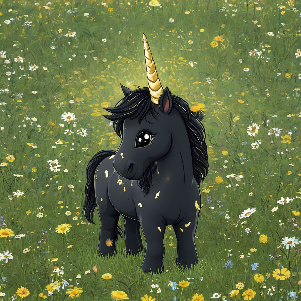 Cute cartoon black unicorn with gold cracks in wildflower field